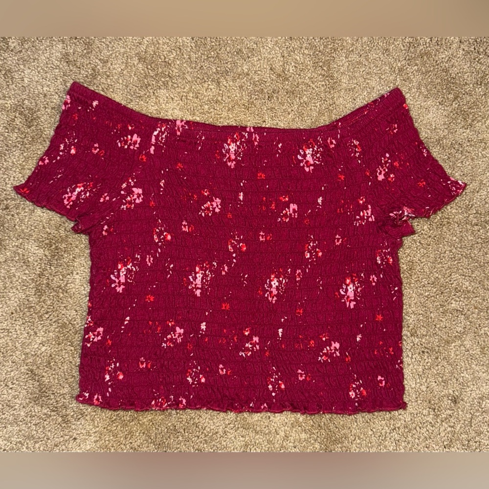 Arizona Jean Co. Magenta Floral Crop Top With Off The Shoulder Sleeves